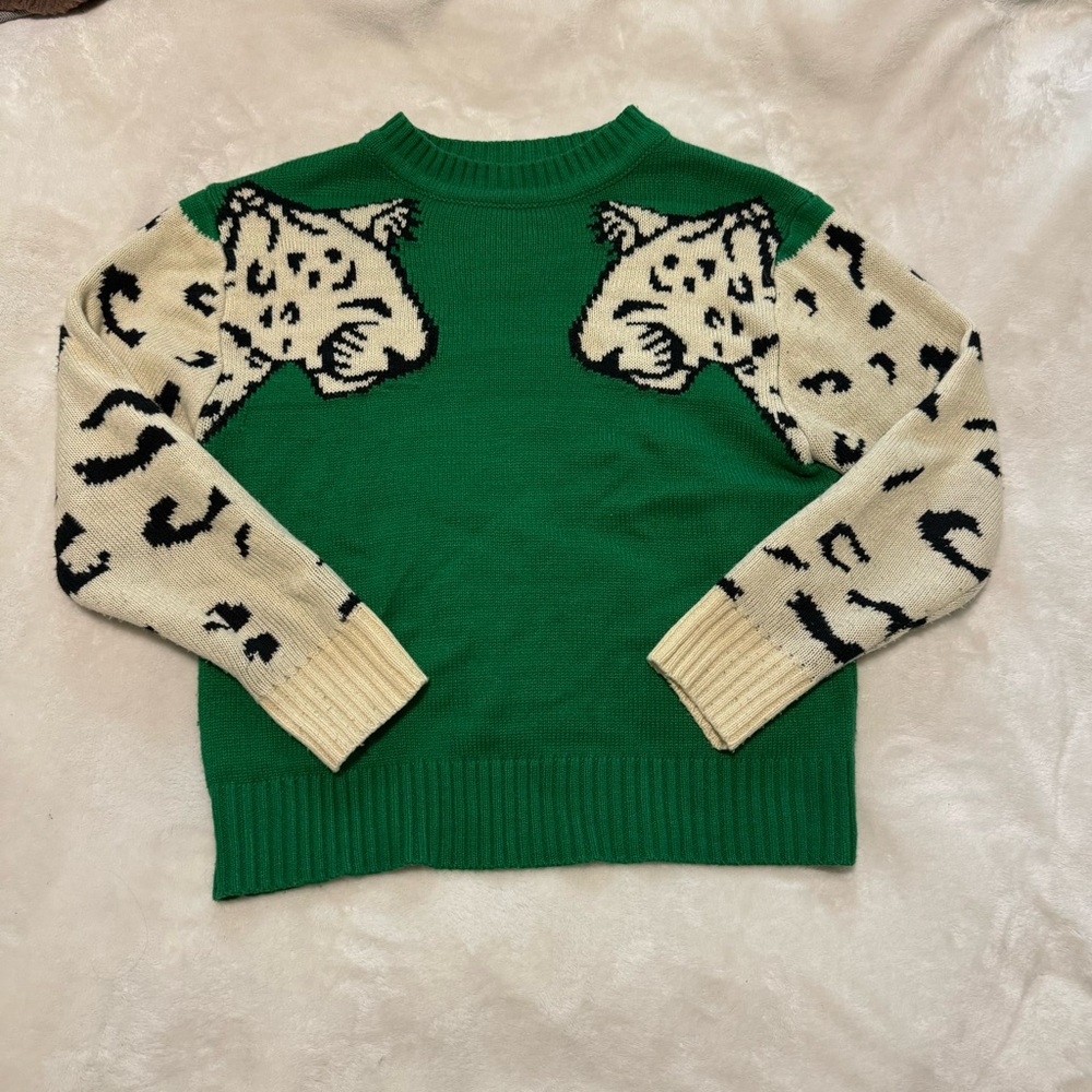 Green Crewneck Sweater with Cream Leopard-Print Sleeves